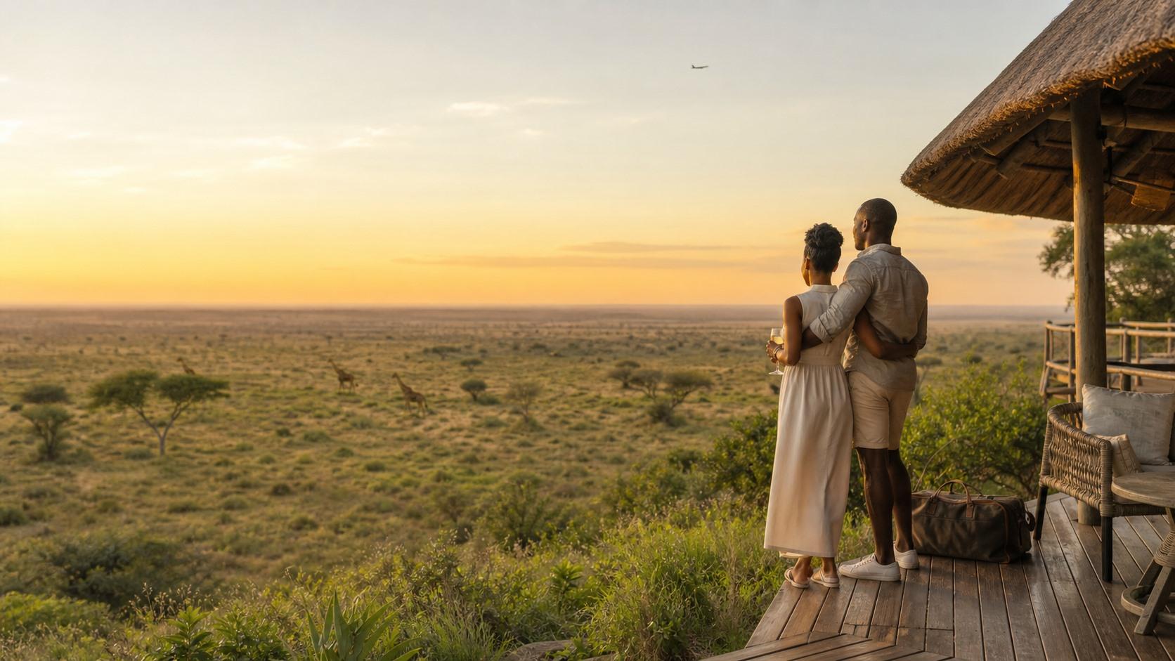 Travellers overlooking an East African landscape from a safari lodge